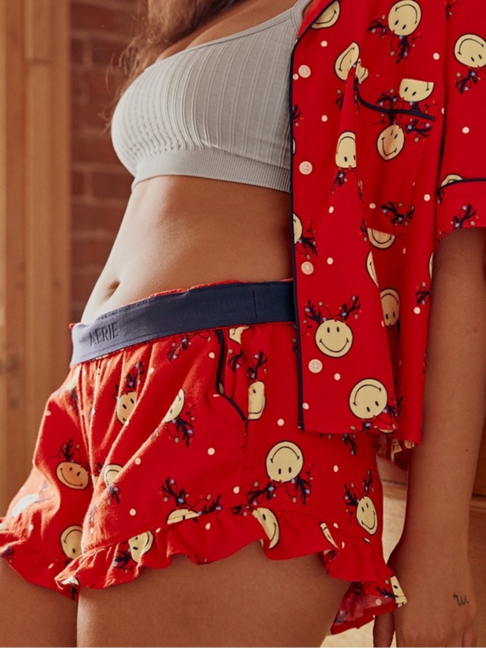 NWT Aerie Smiley Red Reindeer Pajama Flannel Short Set